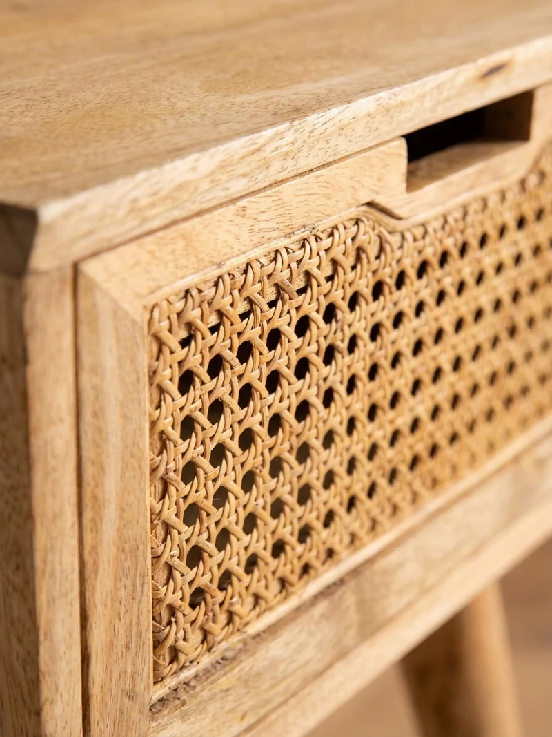 Nachttisch – Mango Massivholz/Rattan, 40x60x30 cm, Braun, 1 Schublade, Wiener Geflecht