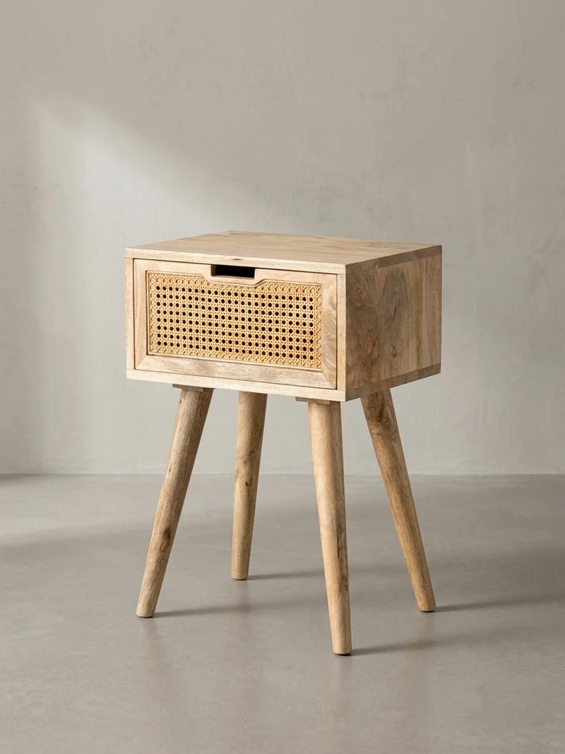 Nachttisch – Mango Massivholz/Rattan, 40x60x30 cm, Braun, 1 Schublade, Wiener Geflecht
