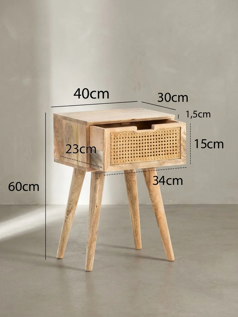 Nachttisch – Mango Massivholz/Rattan, 40x60x30 cm, Braun, 1 Schublade, Wiener Geflecht
