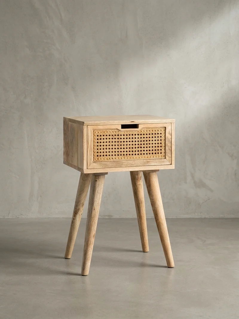 Nachttisch – Mango Massivholz/Rattan, 40x60x30 cm, Braun, 1 Schublade, Wiener Geflecht