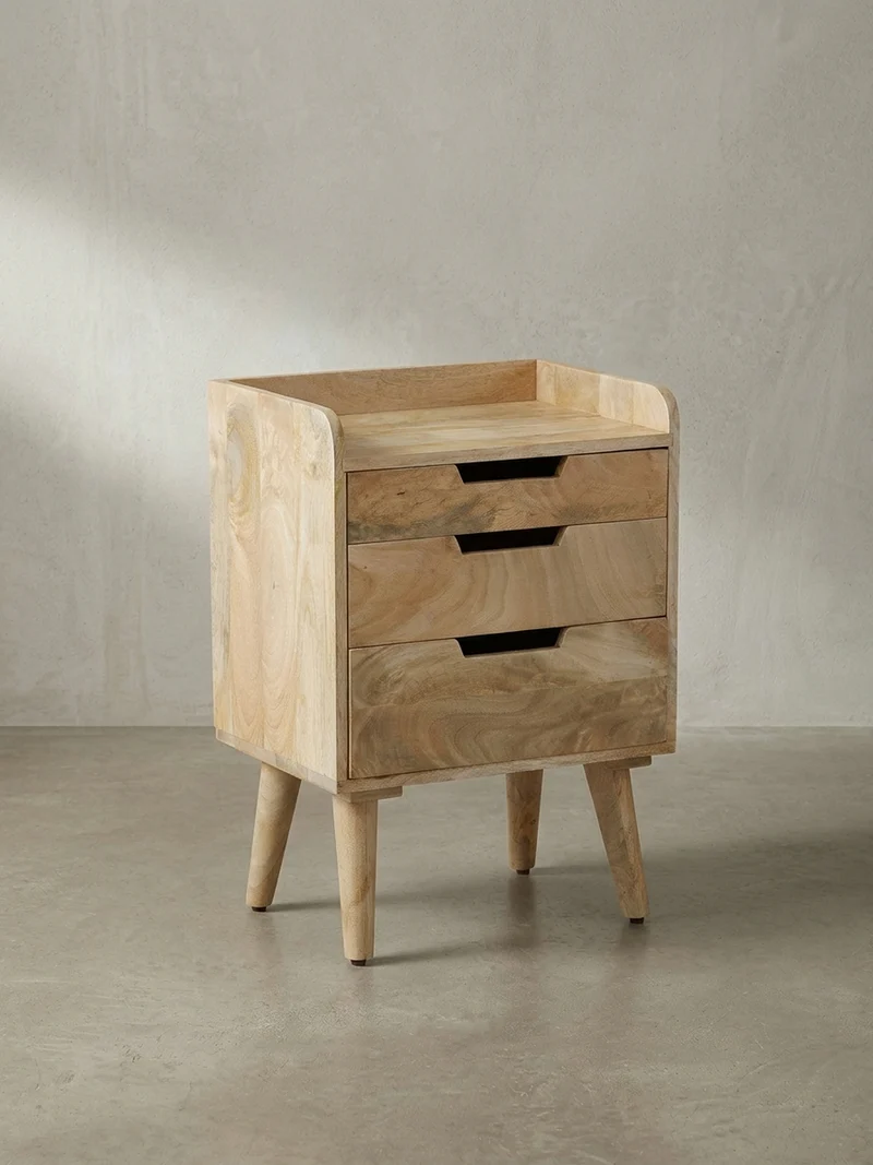 Nachttisch – Mango Massivholz, 45x33x63 cm, Hellbraun, 3 Schubladen, Ablage