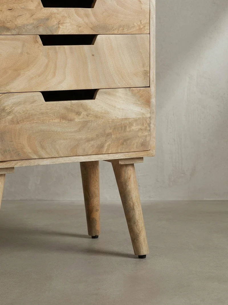 Nachttisch – Mango Massivholz, 45x33x63 cm, Hellbraun, 3 Schubladen, Ablage