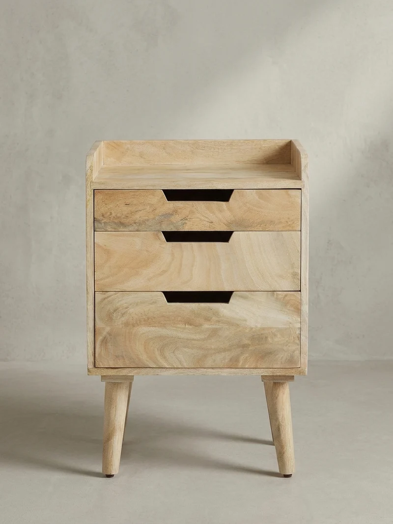 Nachttisch – Mango Massivholz, 45x33x63 cm, Hellbraun, 3 Schubladen, Ablage