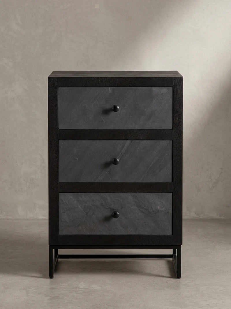 Nachttisch Massivholz Steinoptik 3 Schubladen Metallgestell