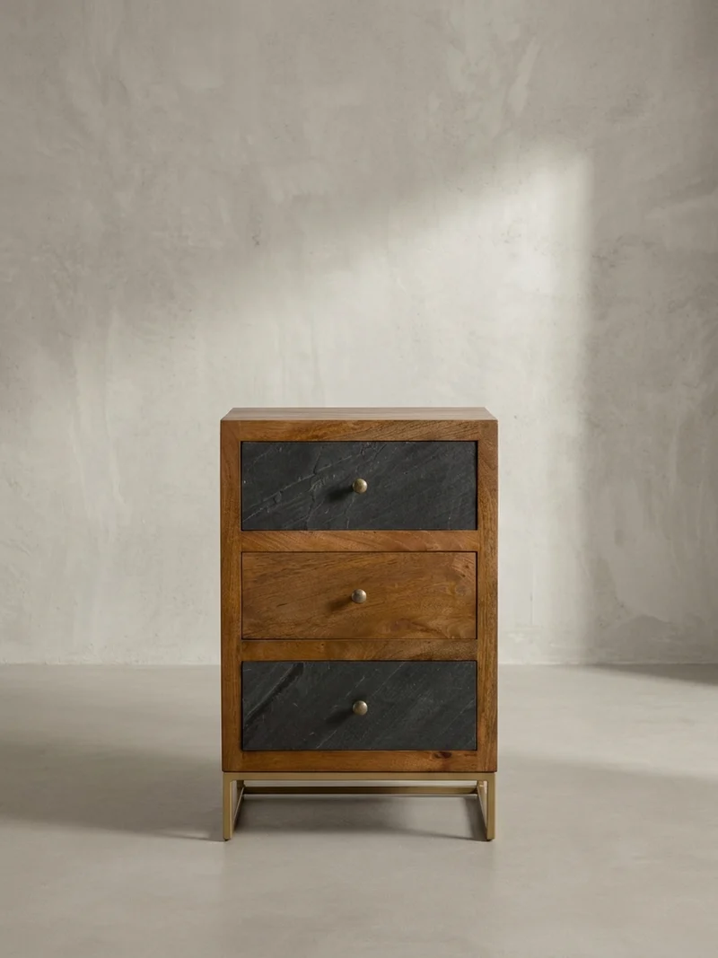 Nachttisch Massivholz Steinoptik 3 Schubladen Metallgestell