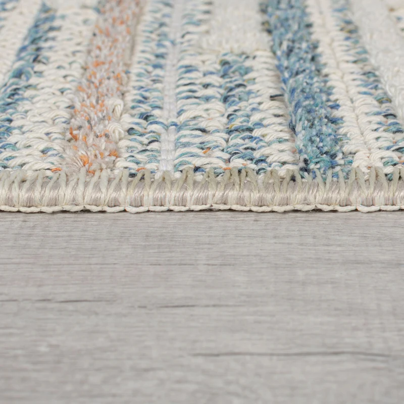 Flachgewebe-Teppich Linienrauten · waschbar · Blau-Beige