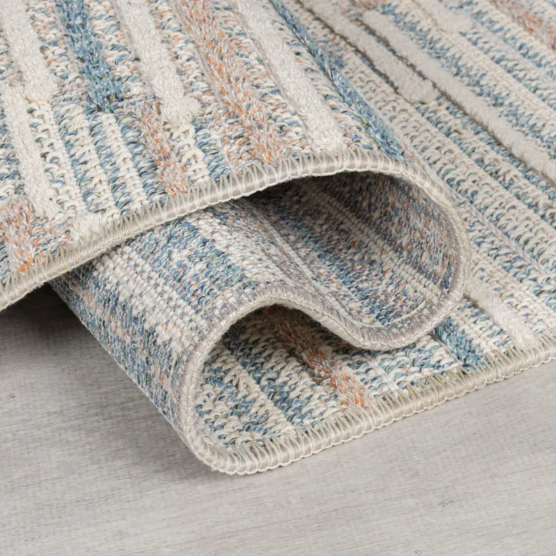 Flachgewebe-Teppich Linienrauten · waschbar · Blau-Beige
