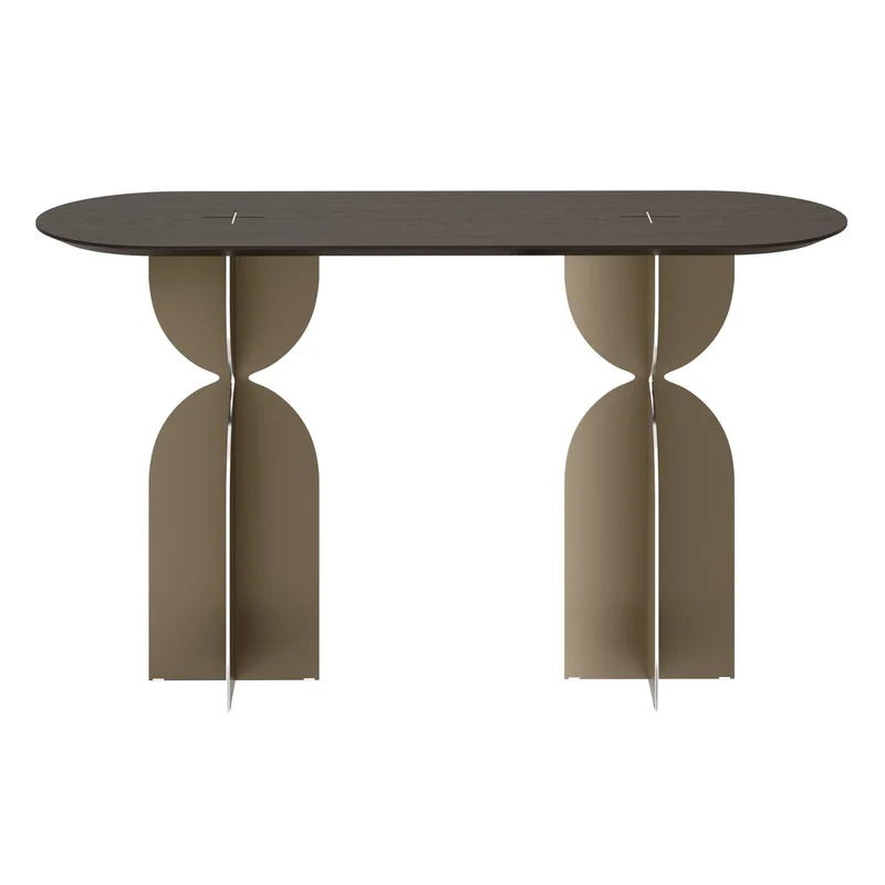 Casa Padrino Luxus Konsole Braun / Bronzefarben 140 x 46 x H. 80 cm - Edler Konsolentisch mit Platte in dunkelbraunem Eichenfurnier und gebürstetem Edelstahl Gestell - Luxus Möbel