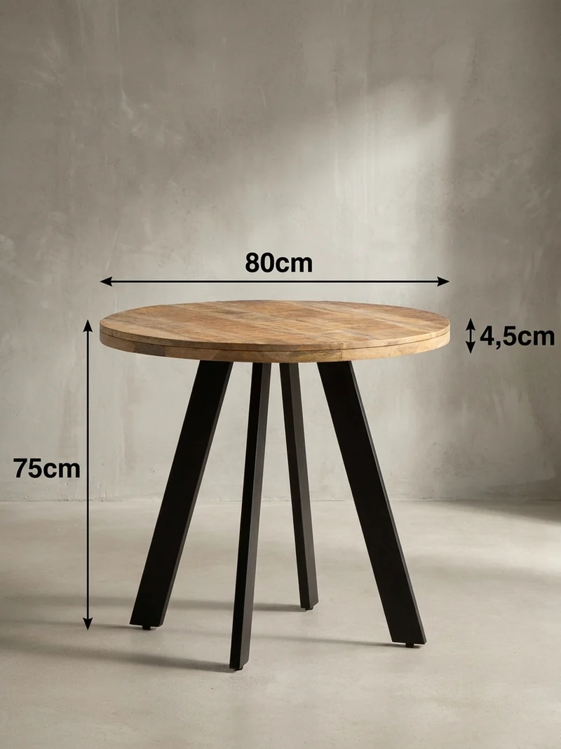 Esszimmertisch – Rund Mango Massivholz 80x80x75 cm Metallbeine Modern