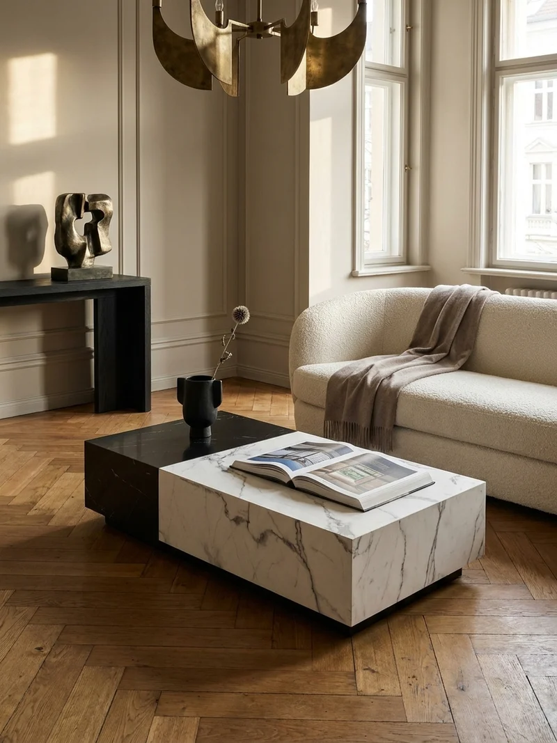 Couchtisch Weiß Schwarz Marmor-Optik 120x60x28 cm mit Schubladen und Stauraum