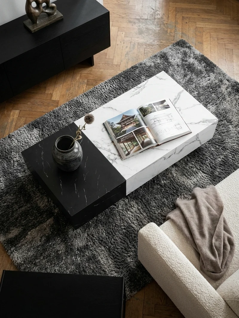 Couchtisch Weiß Schwarz Marmor-Optik 120x60x28 cm mit Schubladen und Stauraum