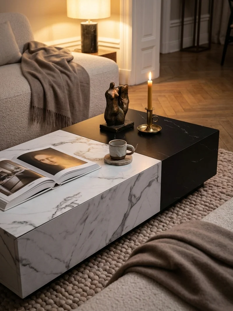 Couchtisch Weiß Schwarz Marmor-Optik 120x60x28 cm mit Schubladen und Stauraum