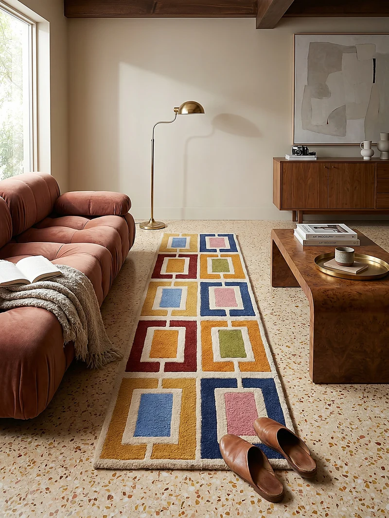 Wollteppich Geometrisch, Retro-Stil, Wohnzimmer