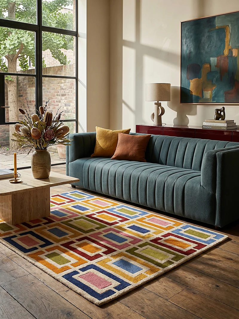 Wollteppich Geometrisch, Retro-Stil, Wohnzimmer