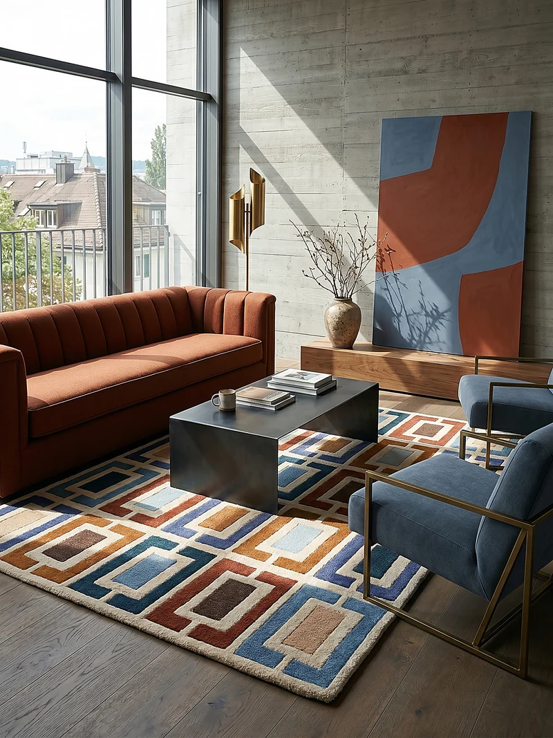 Wollteppich Geometrisch, Retro-Stil, Wohnzimmer