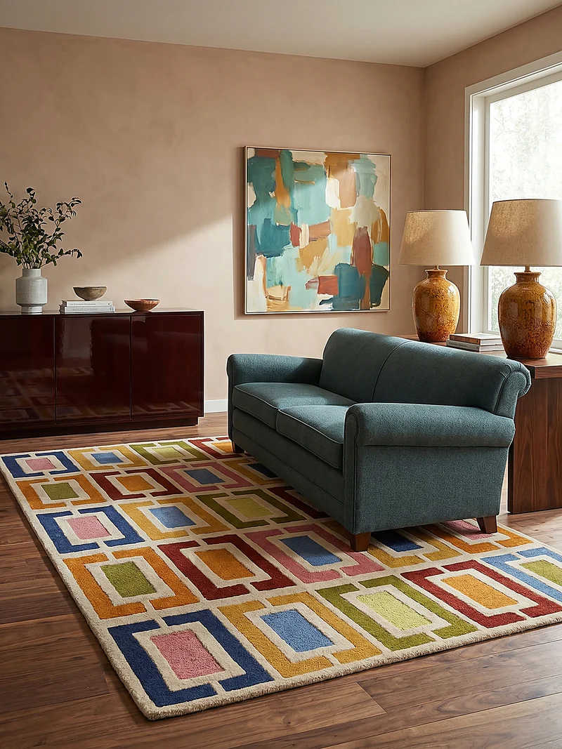 Wollteppich Geometrisch, Retro-Stil, Wohnzimmer