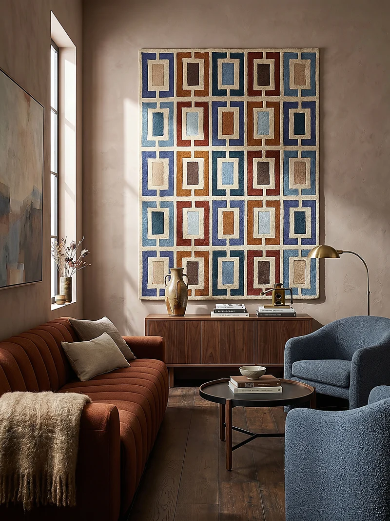 Wollteppich Geometrisch, Retro-Stil, Wohnzimmer