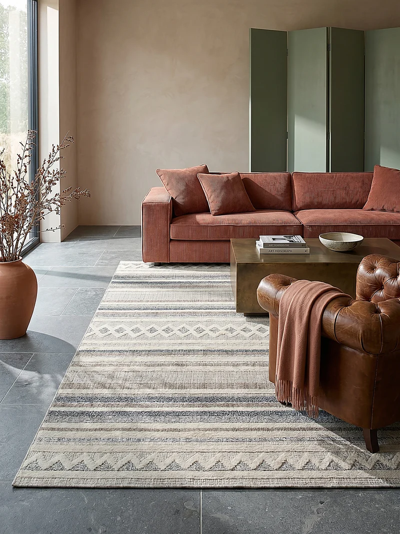 Flachgewebe-Teppich Boho-Streifen · waschbar · Grau-Beige