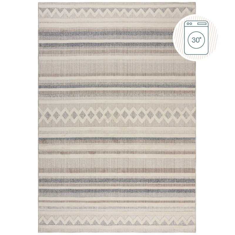 Flachgewebe-Teppich Boho-Streifen · waschbar · Grau-Beige