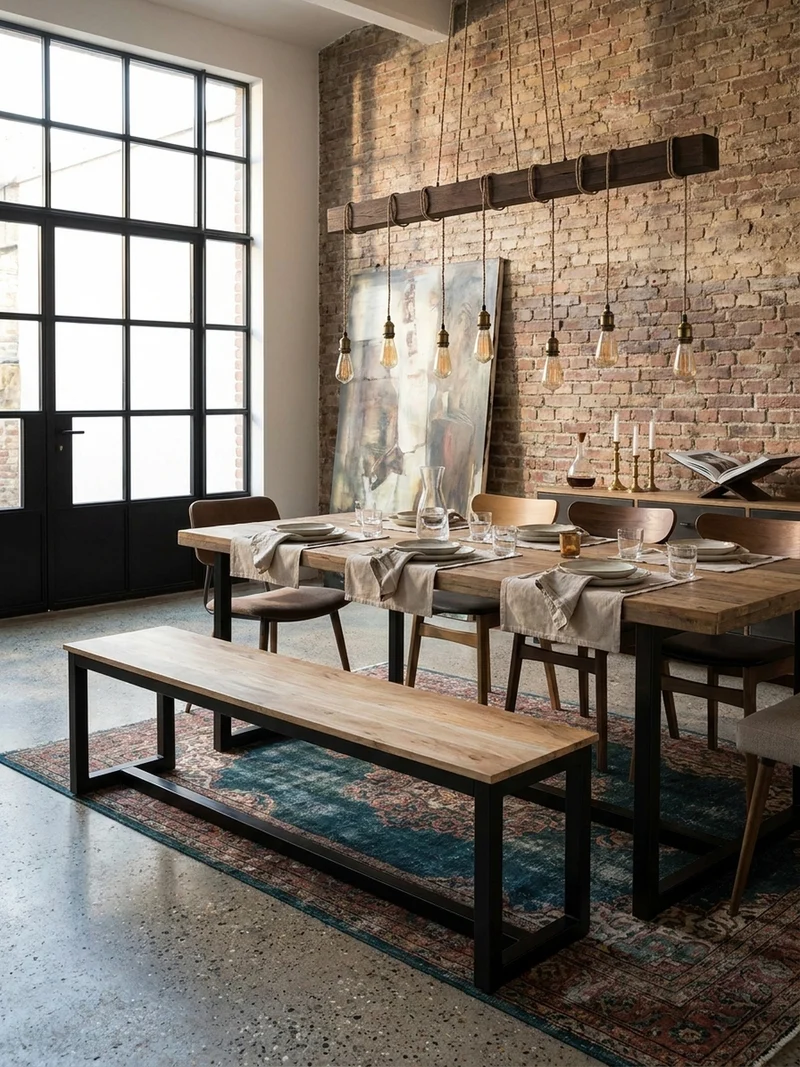 Esszimmerbank Massivholz Metall Loft-Stil ohne Lehne