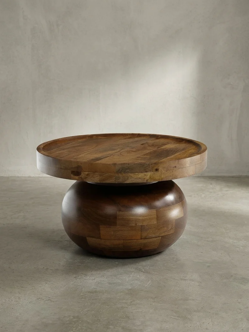 Couchtisch rund in Walnussfarbe, Massivholz Mango, 50x50x30,5 cm, niedrig, modern, natürliche Holzmaserung