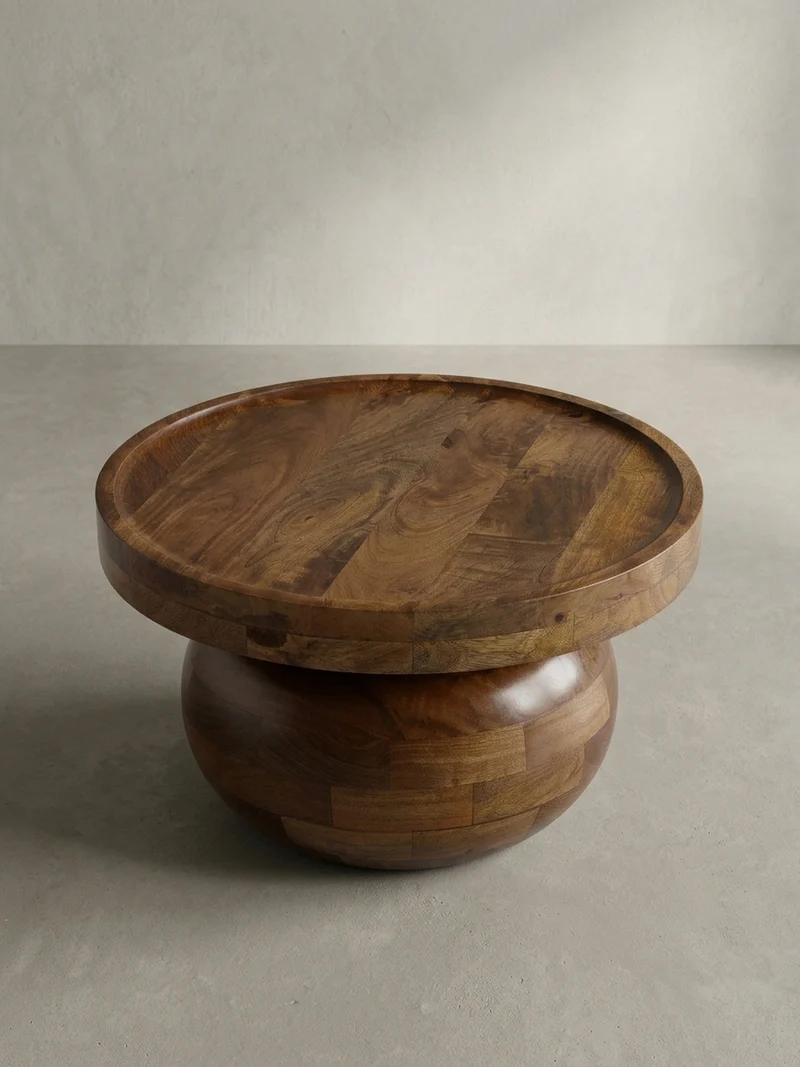 Couchtisch rund in Walnussfarbe, Massivholz Mango, 50x50x30,5 cm, niedrig, modern, natürliche Holzmaserung