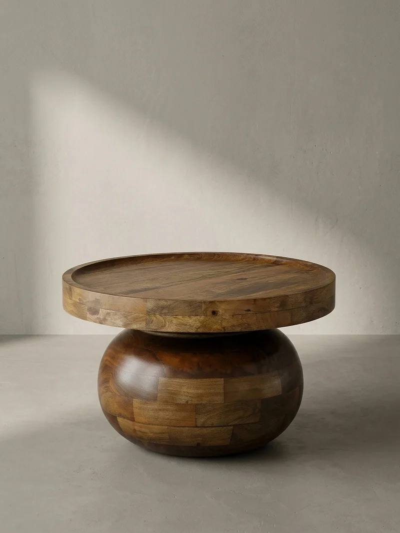 Couchtisch rund in Walnussfarbe, Massivholz Mango, 50x50x30,5 cm, niedrig, modern, natürliche Holzmaserung