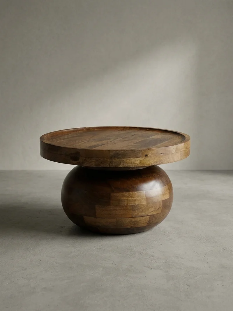 Couchtisch rund in Walnussfarbe, Massivholz Mango, 50x50x30,5 cm, niedrig, modern, natürliche Holzmaserung
