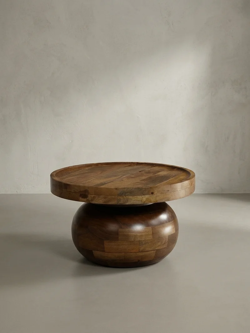 Couchtisch rund in Walnussfarbe, Massivholz Mango, 50x50x30,5 cm, niedrig, modern, natürliche Holzmaserung
