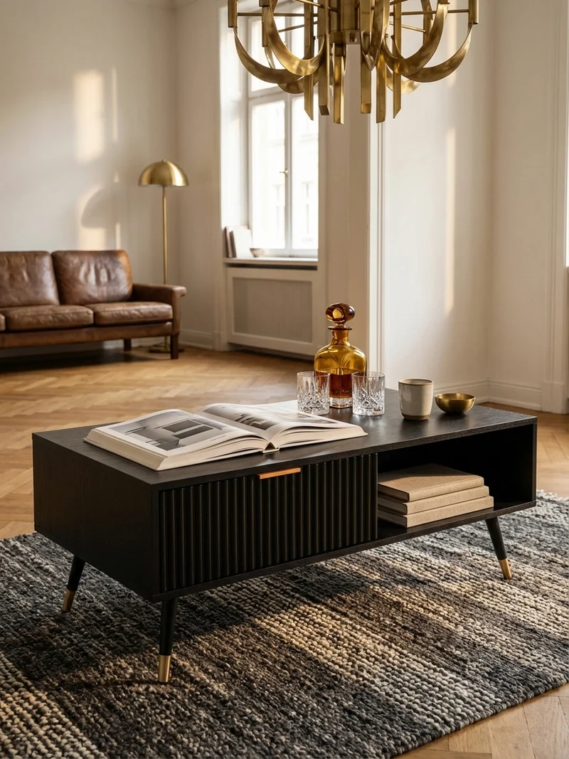 Couchtisch Schwarz Eiche-Dekor mit Stauraum 110x60x43 cm Metallbeine