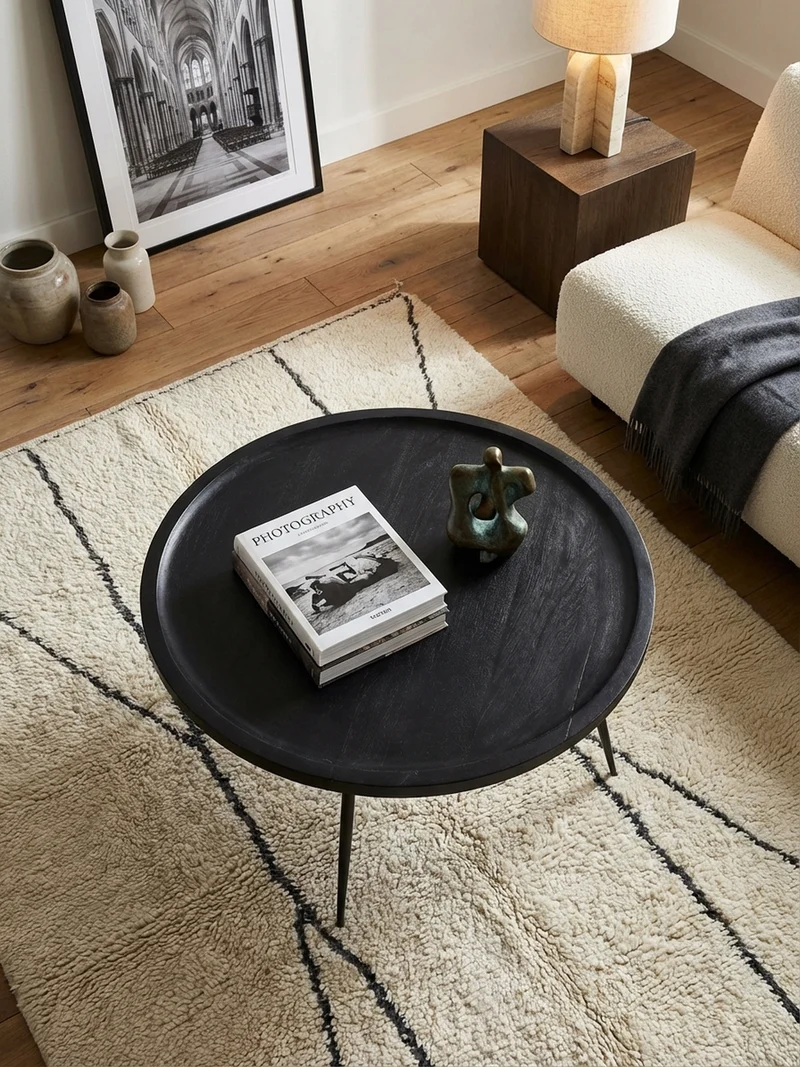 Couchtisch in Schwarz aus Metall und massivem Mangoholz mit natürlicher Maserung, 75x75x38 cm