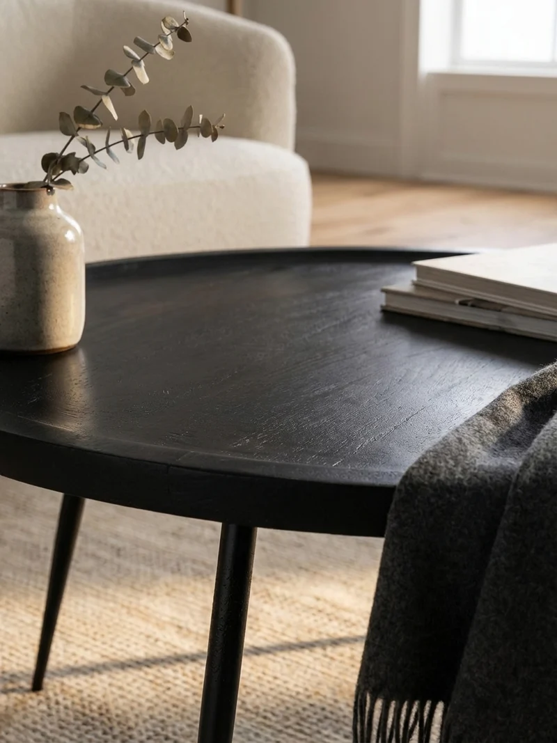 Couchtisch in Schwarz aus Metall und massivem Mangoholz mit natürlicher Maserung, 75x75x38 cm