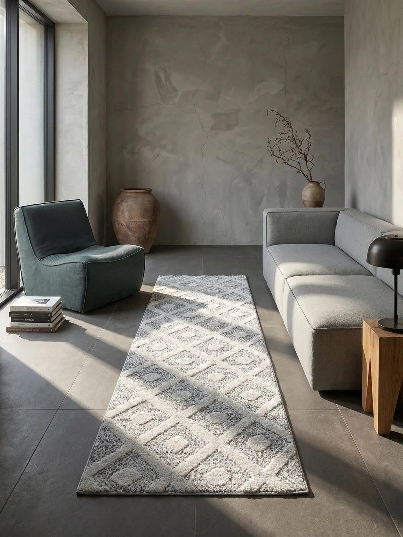 3D Hochflor-Teppich Rauten mit Punktstruktur – Waschbar | Hoch-Tief-Effekt | 2,00 cm Florhöhe für Wohnkomfort
