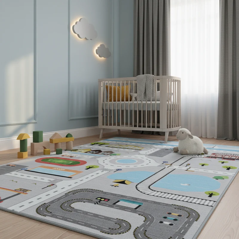 Kinderteppich Spielstraße – Waschbar & Rutschfest zum Spielen für Kinderzimmer