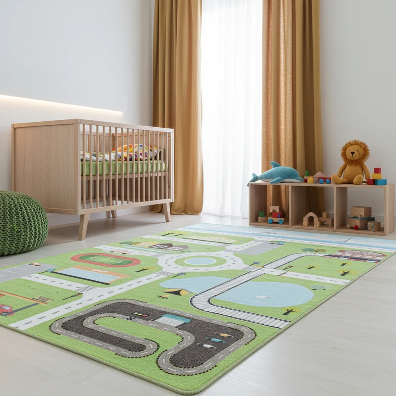 Kinderteppich Spielstraße – Waschbar & Rutschfest zum Spielen für Kinderzimmer