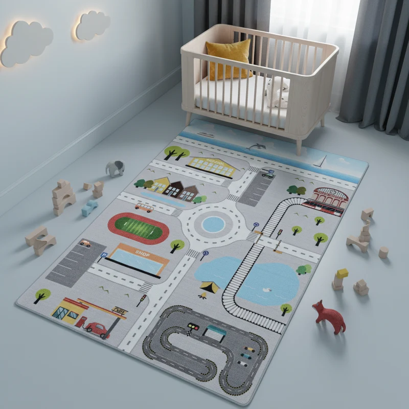 Kinderteppich Spielstraße – Waschbar & Rutschfest zum Spielen für Kinderzimmer