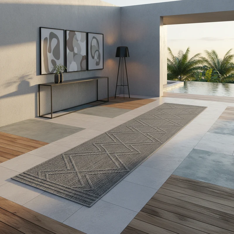 Outdoor-Teppich Diagonales Linienmuster – Waschbar | Geometrischer Boho für Balkon
