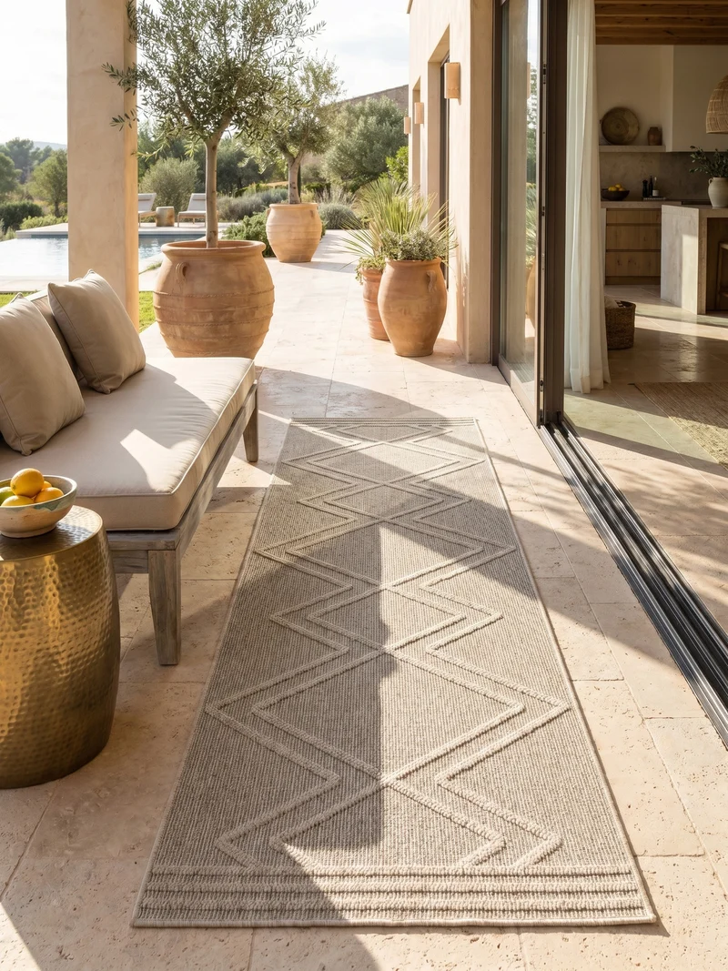 Outdoor-Teppich Diagonales Linienmuster – Waschbar | Geometrischer Boho für Balkon