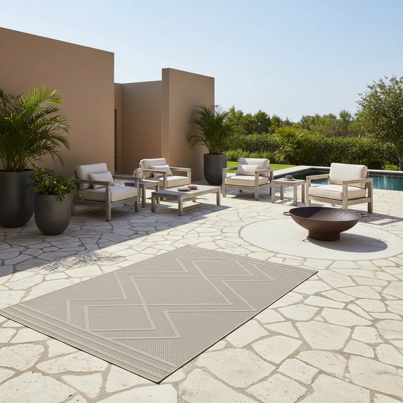 Outdoor-Teppich Diagonales Linienmuster – Waschbar | Geometrischer Boho für Balkon