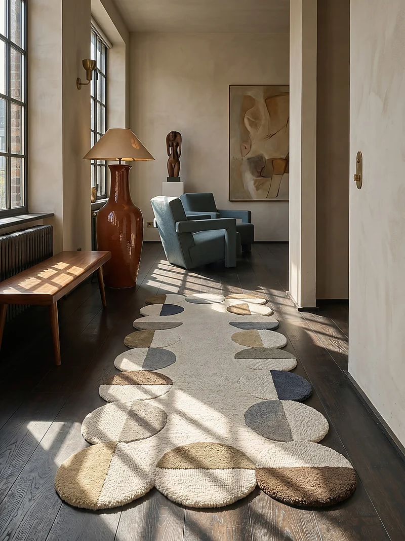 Wollteppich mit Rahmenmotiv · Wellenkante · 12 mm Flor