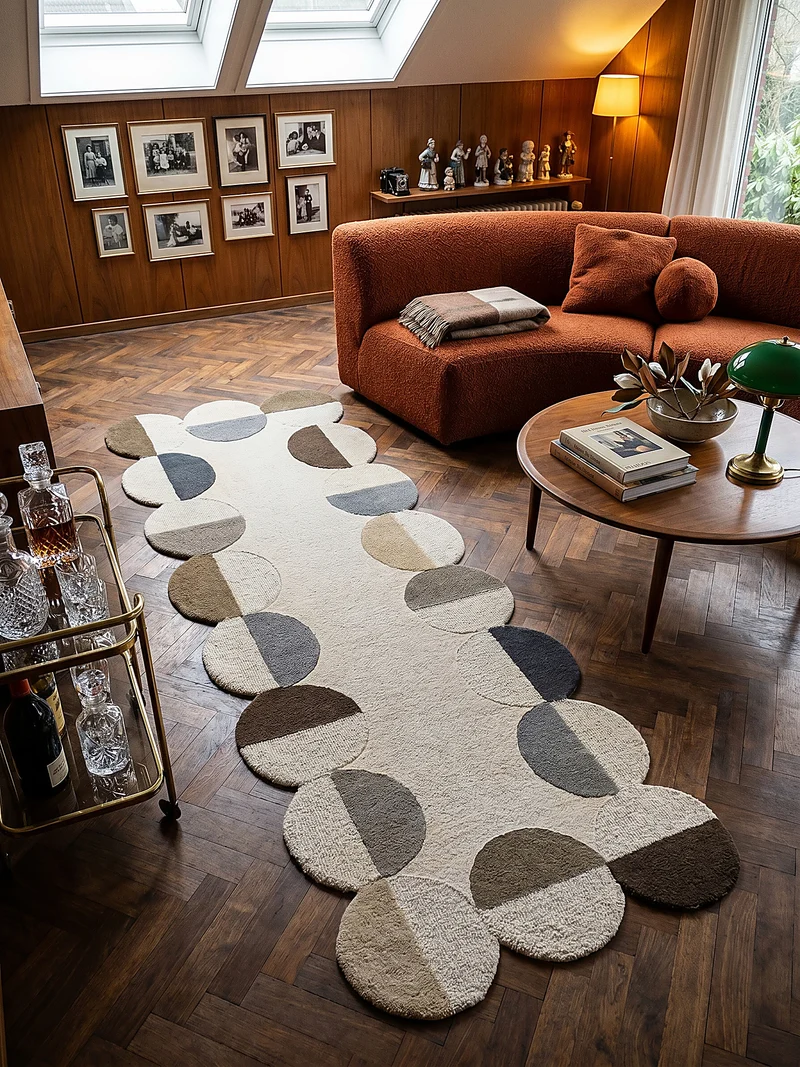 Wollteppich mit Rahmenmotiv · Wellenkante · 12 mm Flor