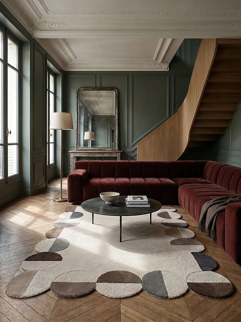 Wollteppich mit Rahmenmotiv · Wellenkante · 12 mm Flor