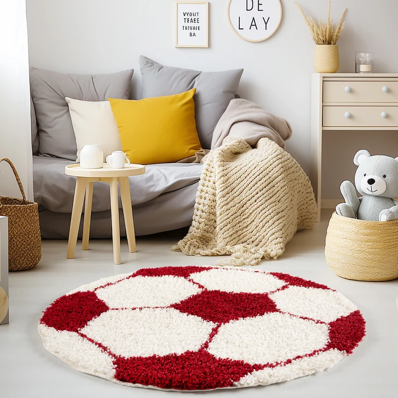 Kinderteppich Hochflor Fußball – Waschbar für Kinderzimmer