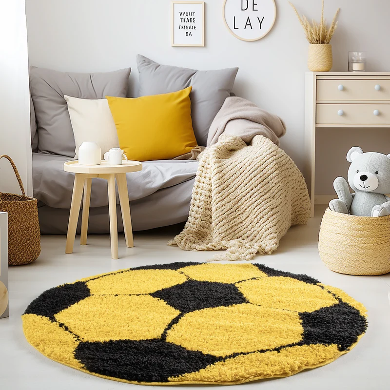 Kinderteppich Hochflor Fußball – Waschbar für Kinderzimmer