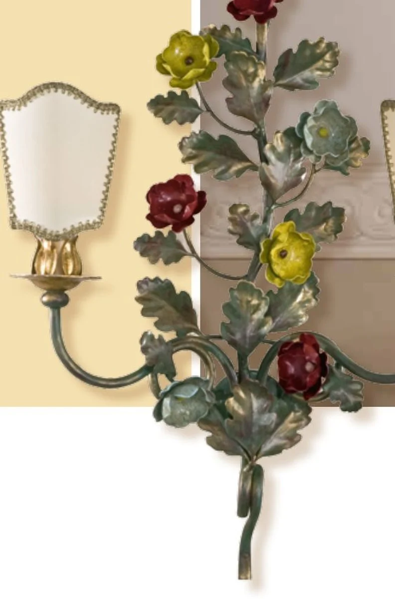 Casa Padrino Barock Wandleuchte Blumenbunt B. 40 x T. 60 cm 2-flammig - Handgefertigte Leuchte aus Italien - Barock Leuchten