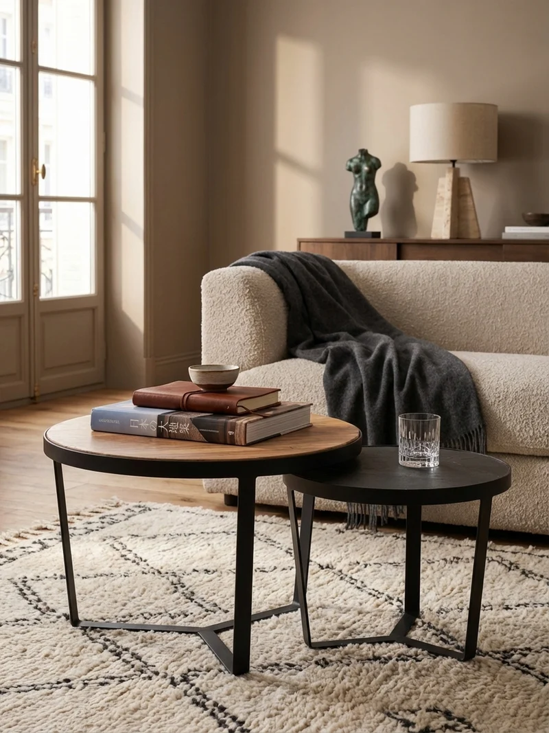 Couchtisch Set rund – Akazie Massivholz, Steinoptik, Metallgestell, Braun-Anthrazit