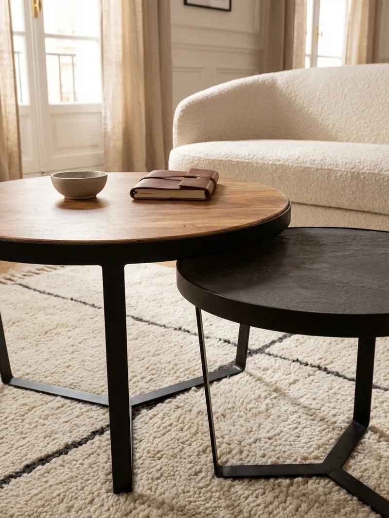 Couchtisch Set rund – Akazie Massivholz, Steinoptik, Metallgestell, Braun-Anthrazit