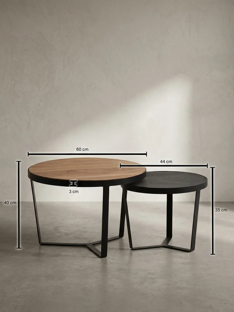 Couchtisch Set rund – Akazie Massivholz, Steinoptik, Metallgestell, Braun-Anthrazit