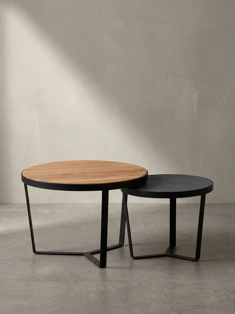 Couchtisch Set rund – Akazie Massivholz, Steinoptik, Metallgestell, Braun-Anthrazit