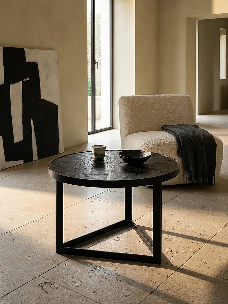 Couchtisch Schwarz Massivholz Mango Rund 58x58x40 cm Industrial Design